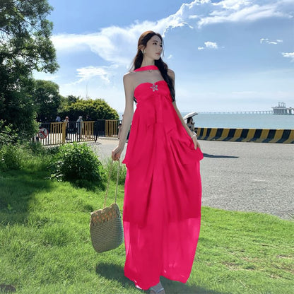 Set: Halter Neck Frill Trim Ruched Open Back Maxi Dress + Brooch