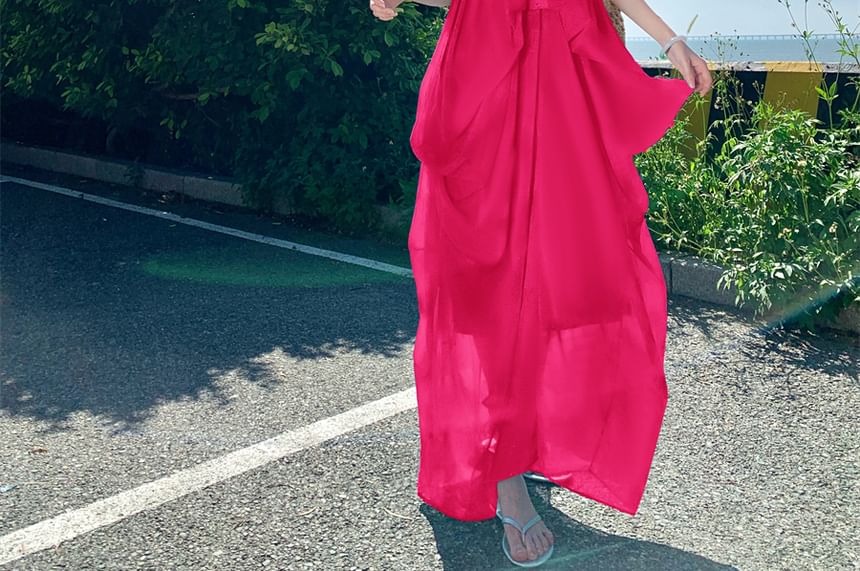 Set: Halter Neck Frill Trim Ruched Open Back Maxi Dress + Brooch