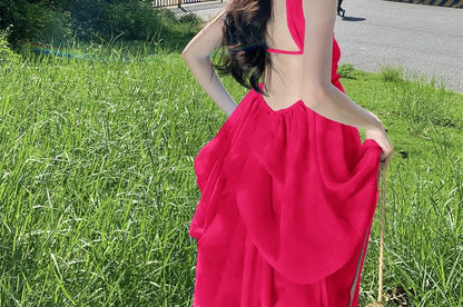 Set: Halter Neck Frill Trim Ruched Open Back Maxi Dress + Brooch