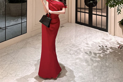 Off-Shoulder Plain Ruched Satin Mermaid Evening Dress