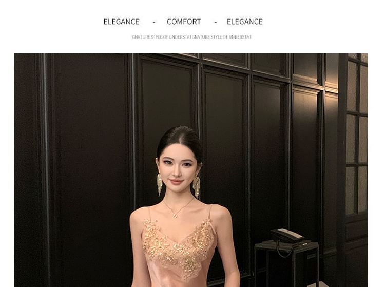 Spaghetti Strap V-Neck Floral Sequin Satin Sheath Evening Dress