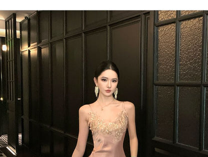 Spaghetti Strap V-Neck Floral Sequin Satin Sheath Evening Dress