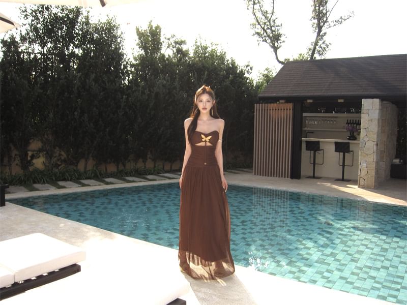Strapless Metal Accent Cutout Ruched Mesh Maxi A-Line Dress