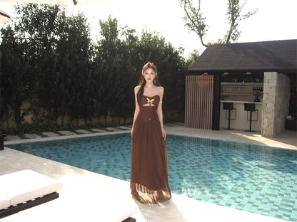 Strapless Metal Accent Cutout Ruched Mesh Maxi A-Line Dress