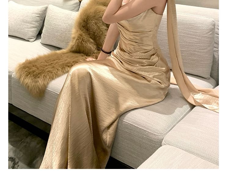 Set: Off-Shoulder Plain Ruched Mermaid Evening Gown + Scarf