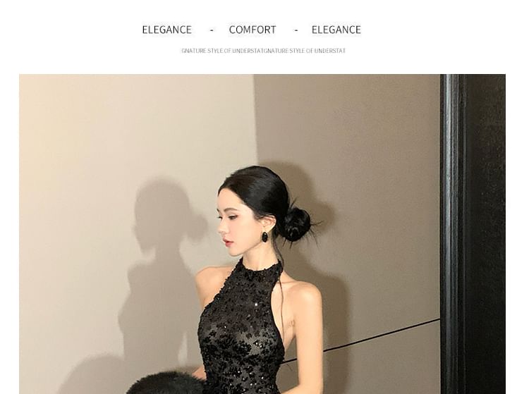 Halter Neck Sequin Panel Open Back A-Line Evening Gown