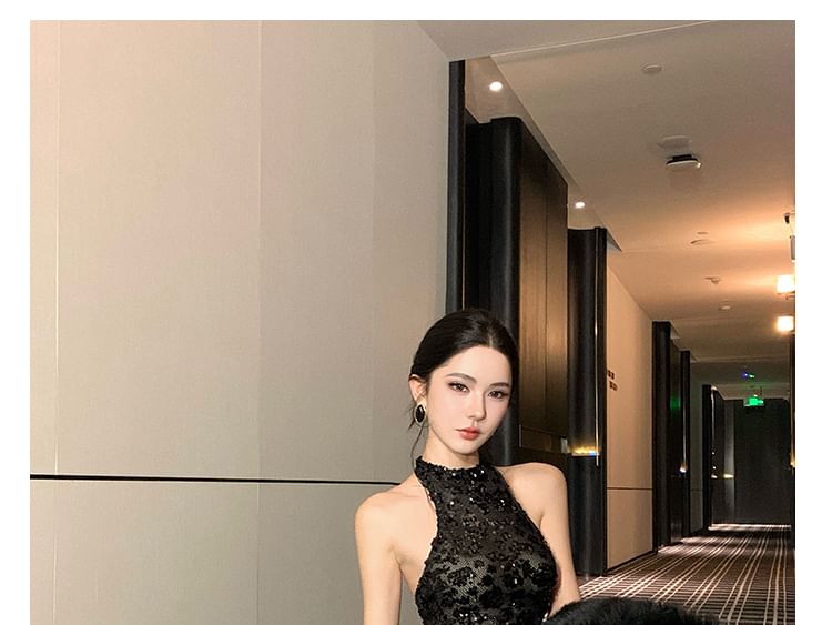 Halter Neck Sequin Panel Open Back A-Line Evening Gown