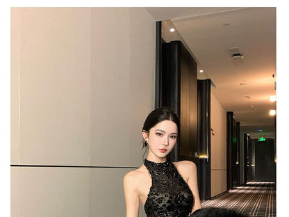 Halter Neck Sequin Panel Open Back A-Line Evening Gown