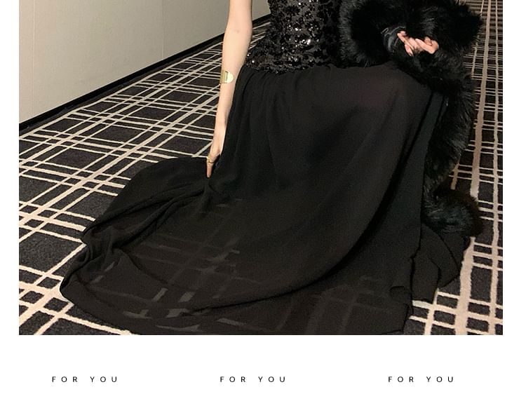 Halter Neck Sequin Panel Open Back A-Line Evening Gown