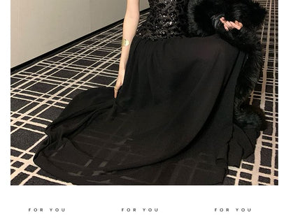 Halter Neck Sequin Panel Open Back A-Line Evening Gown