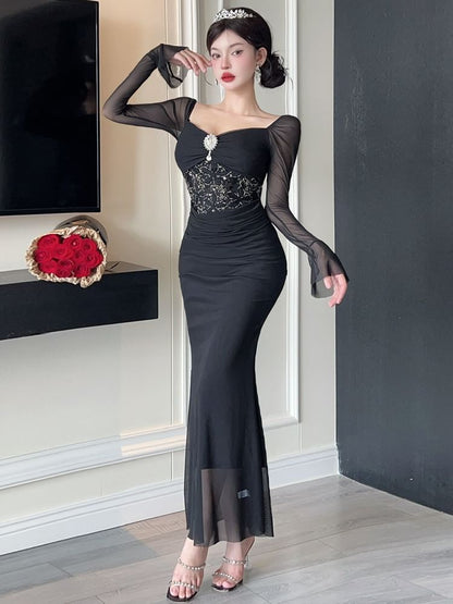 Long-Sleeve V-Neck Lace Panel Ruched Mesh Maxi Mermaid Dress