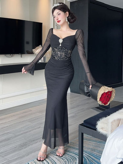 Long-Sleeve V-Neck Lace Panel Ruched Mesh Maxi Mermaid Dress