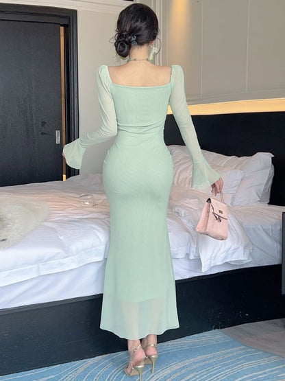 Long-Sleeve V-Neck Lace Panel Ruched Mesh Maxi Mermaid Dress
