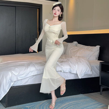 Long-Sleeve V-Neck Lace Panel Ruched Mesh Maxi Mermaid Dress