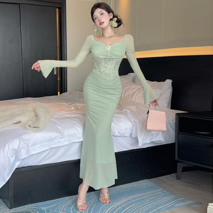 Long-Sleeve V-Neck Lace Panel Ruched Mesh Maxi Mermaid Dress