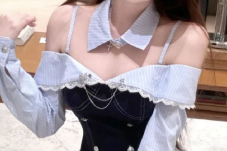 Striped Double Breasted Top, Pleated Mini Skirt & Collar Set