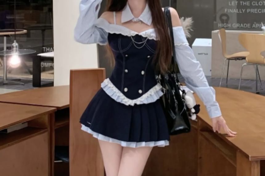 Striped Double Breasted Top, Pleated Mini Skirt & Collar Set