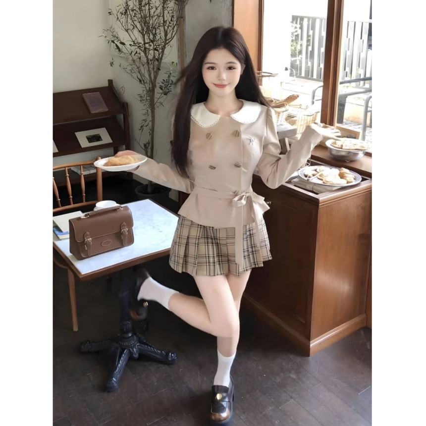 Contrast Collar Tie-Waist Blouse & Plaid Pleated Mini Skirt Set