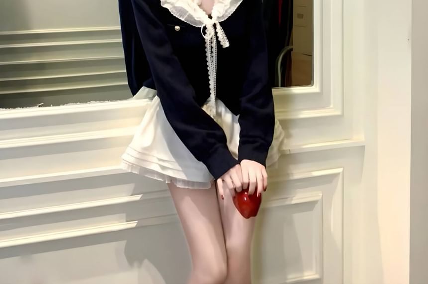 Ruffle Collar Cardigan & Plain Mini A-Line Skirt Set