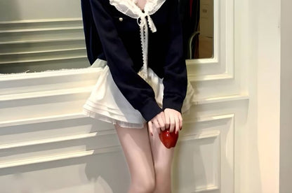 Ruffle Collar Cardigan & Plain Mini A-Line Skirt Set