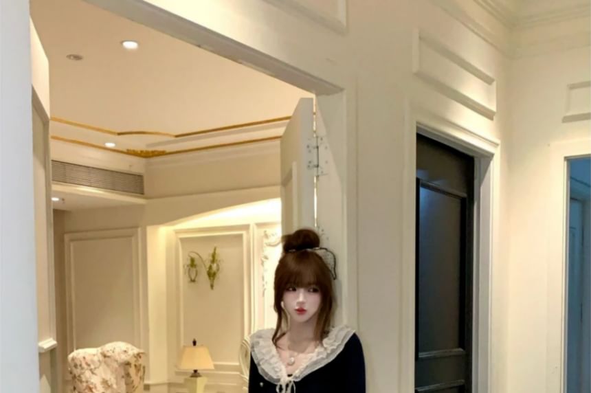 Ruffle Collar Cardigan & Plain Mini A-Line Skirt Set