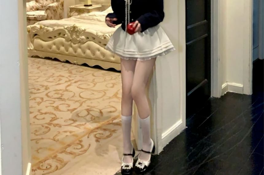 Ruffle Collar Cardigan & Plain Mini A-Line Skirt Set