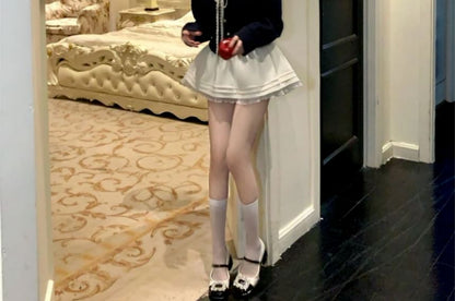 Ruffle Collar Cardigan & Plain Mini A-Line Skirt Set