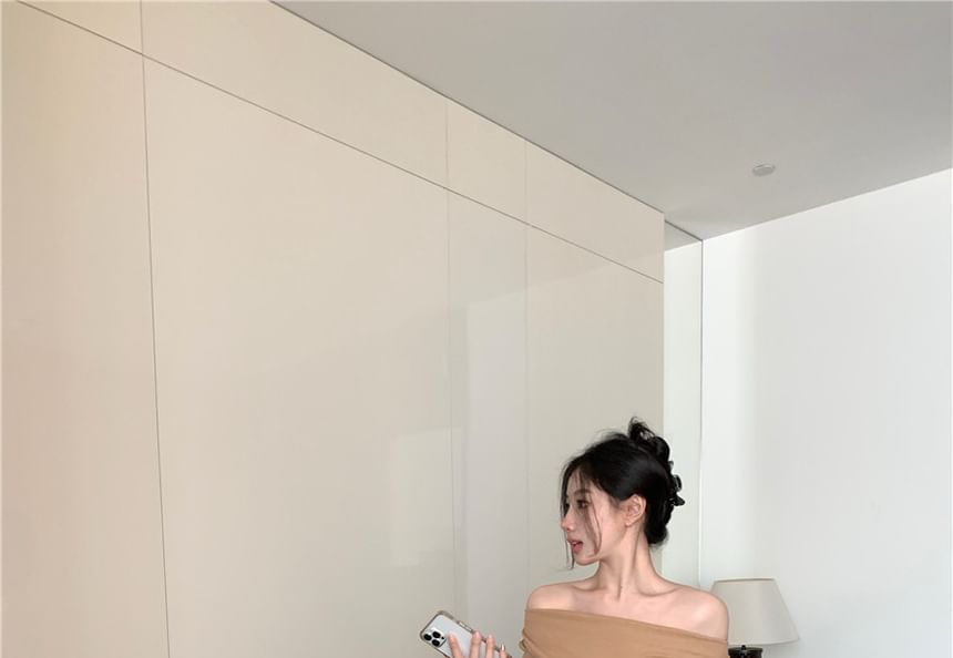 Matching Set: Asymmetric Off-Shoulder Top and High-Waist Pants