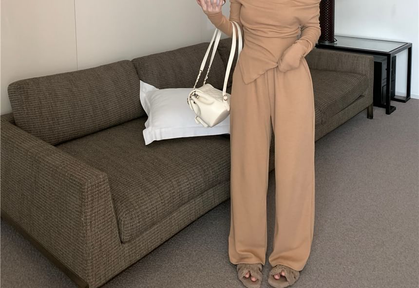 Matching Set: Asymmetric Off-Shoulder Top and High-Waist Pants