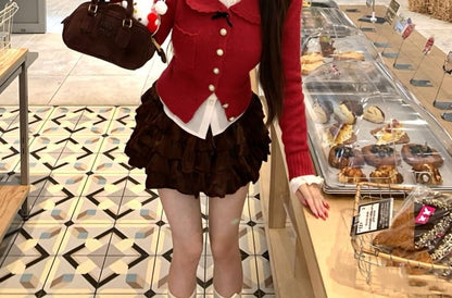 Lace Top, Collared Cardigan & Velvet Layered Mini Skirt Set