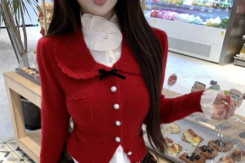 Lace Top, Collared Cardigan & Velvet Layered Mini Skirt Set
