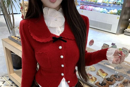 Lace Top, Collared Cardigan & Velvet Layered Mini Skirt Set