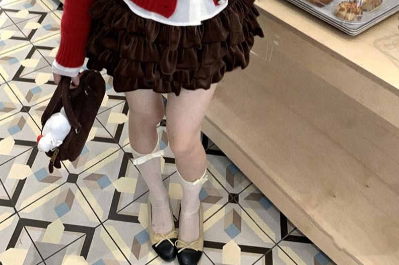 Lace Top, Collared Cardigan & Velvet Layered Mini Skirt Set
