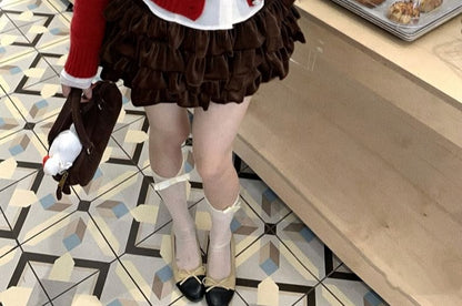 Lace Top, Collared Cardigan & Velvet Layered Mini Skirt Set