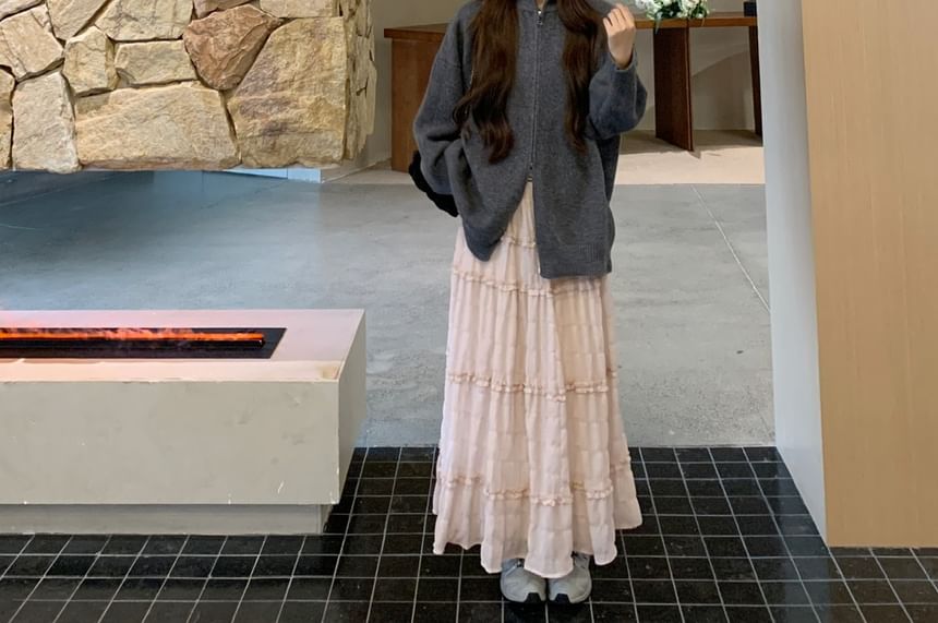 Ruffled Midi Tiered Skirt & High Neck Zip Cardigan Set