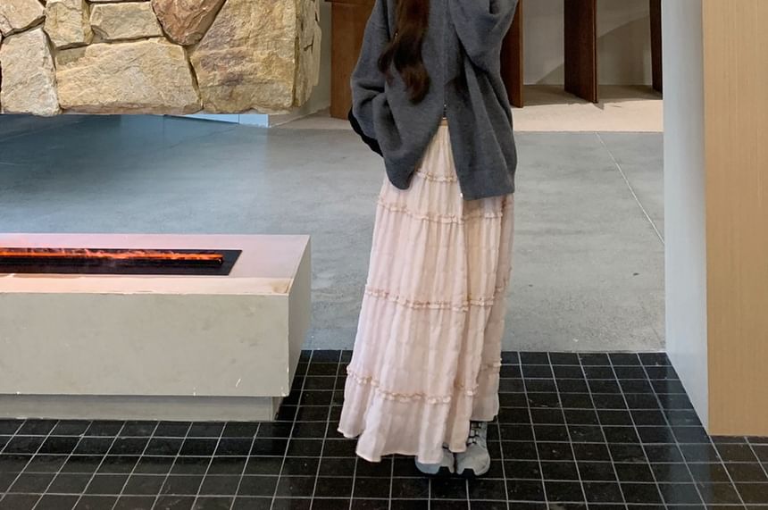 Ruffled Midi Tiered Skirt & High Neck Zip Cardigan Set