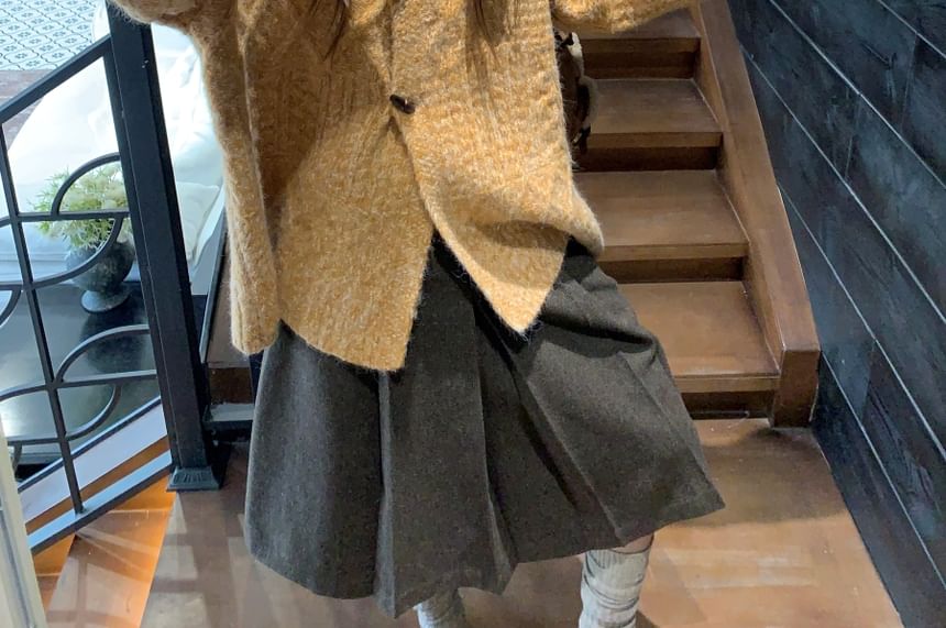 Melange Cardigan & Pleated Midi A-Line Skirt Set