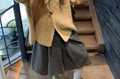 Melange Cardigan & Pleated Midi A-Line Skirt Set