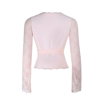 V-Neck Lace Wrap Top with Tie Waist
