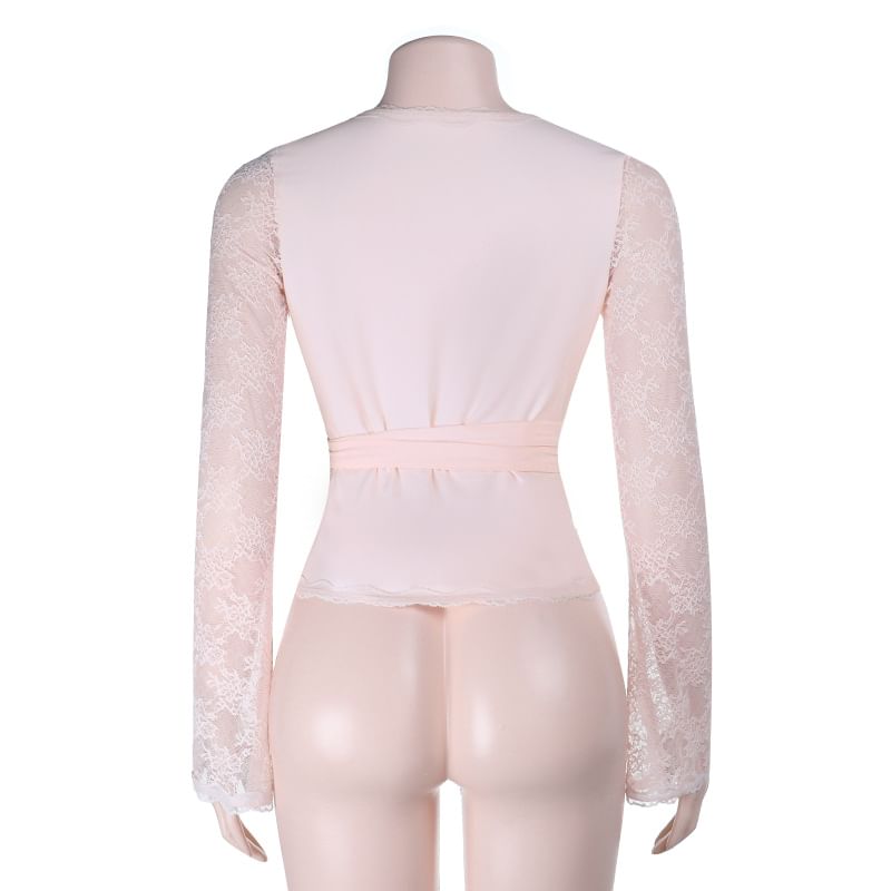 V-Neck Lace Wrap Top with Tie Waist