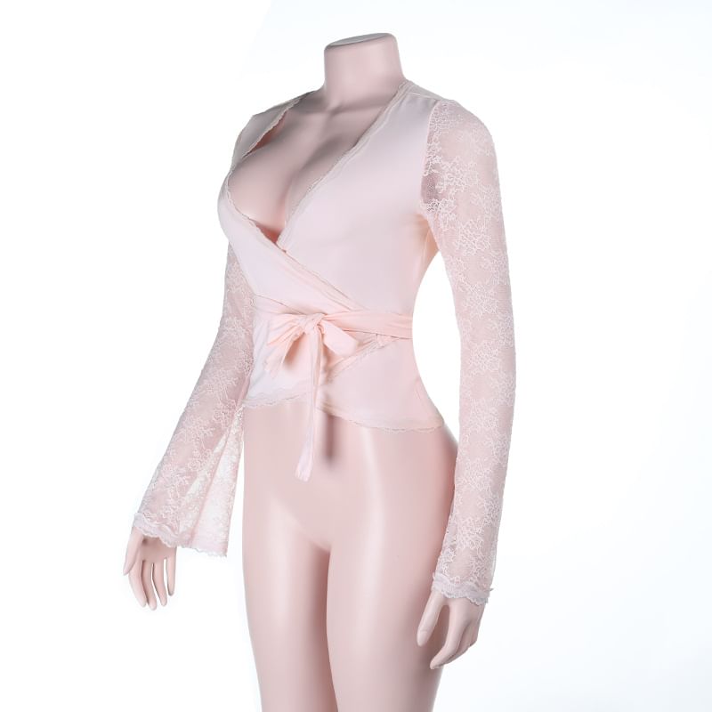 V-Neck Lace Wrap Top with Tie Waist