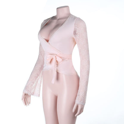 V-Neck Lace Wrap Top with Tie Waist