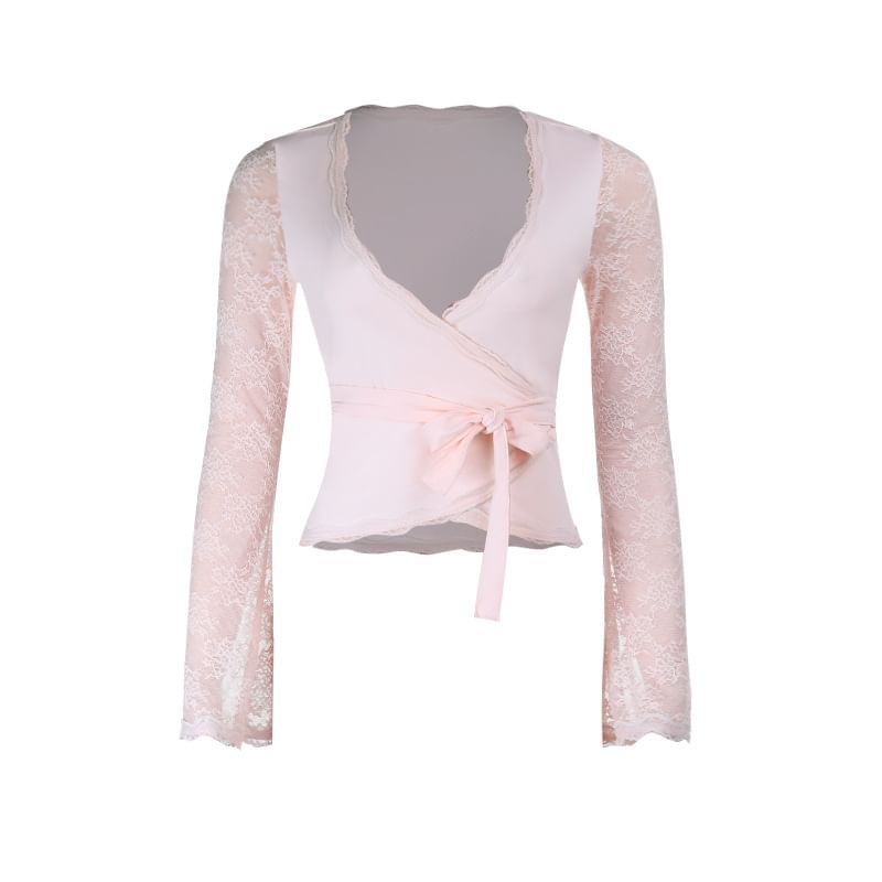 V-Neck Lace Wrap Top with Tie Waist