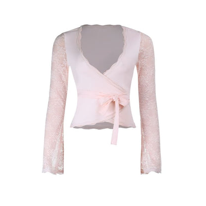 V-Neck Lace Wrap Top with Tie Waist