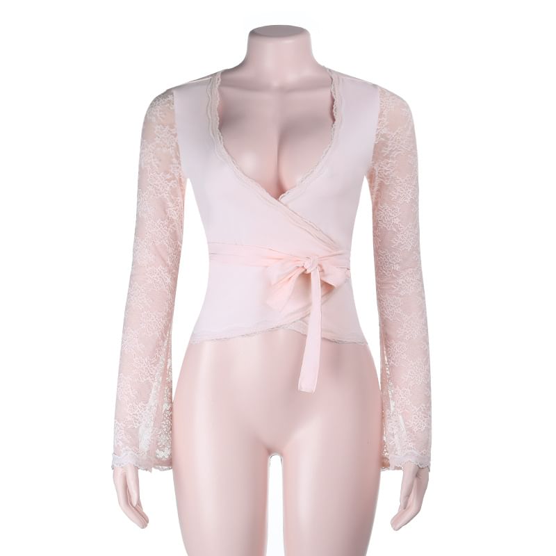 V-Neck Lace Wrap Top with Tie Waist