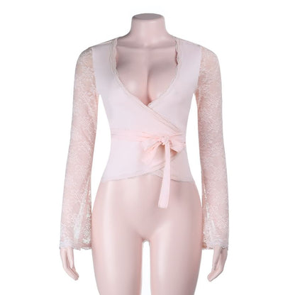 V-Neck Lace Wrap Top with Tie Waist