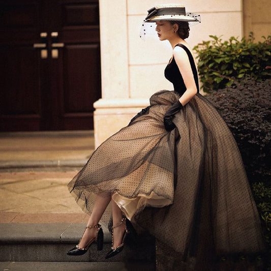 Sleeveless Plunge Dotted Mesh Panel Open Back A-Line Evening Gown