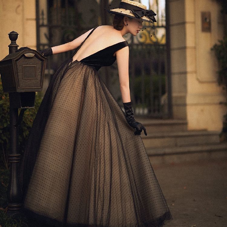 Sleeveless Plunge Dotted Mesh Panel Open Back A-Line Evening Gown