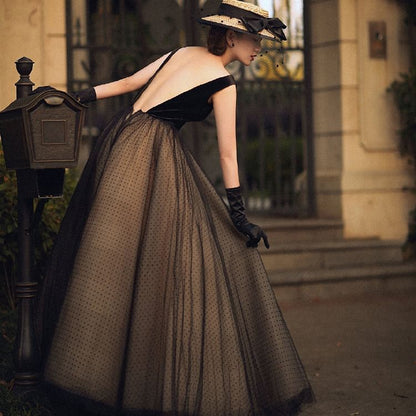 Sleeveless Plunge Dotted Mesh Panel Open Back A-Line Evening Gown