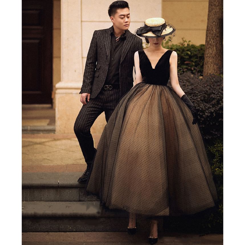 Sleeveless Plunge Dotted Mesh Panel Open Back A-Line Evening Gown